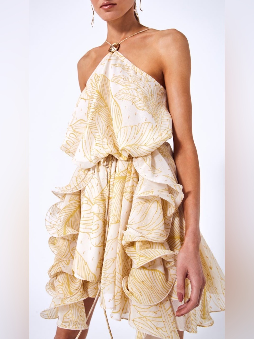 ALEXIS Asia Georgette Ruffle Halter Mini Dress In Golden Palms L $495